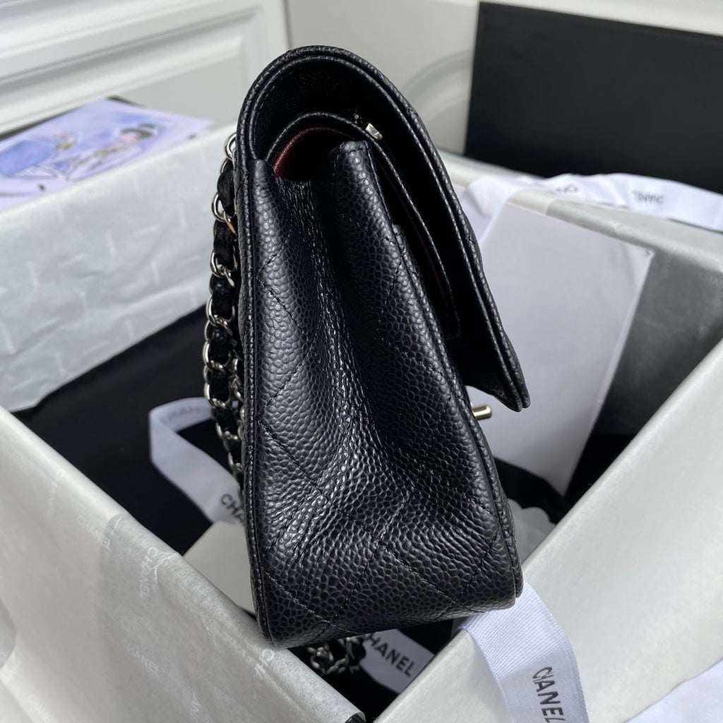 Chanel A01112 Classic Handbag Grained Calfskin Black Silver