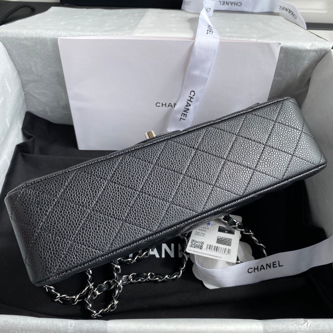 Chanel A01112 Classic Handbag Grained Calfskin Black Silver