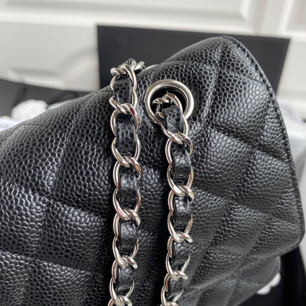 Chanel A01112 Classic Handbag Grained Calfskin Black Silver