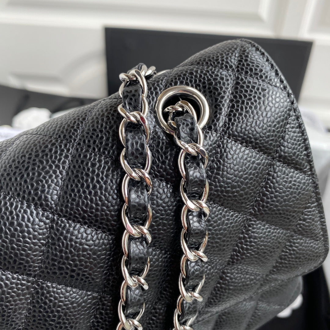 Chanel A01112 Classic Handbag Grained Calfskin Black Silver
