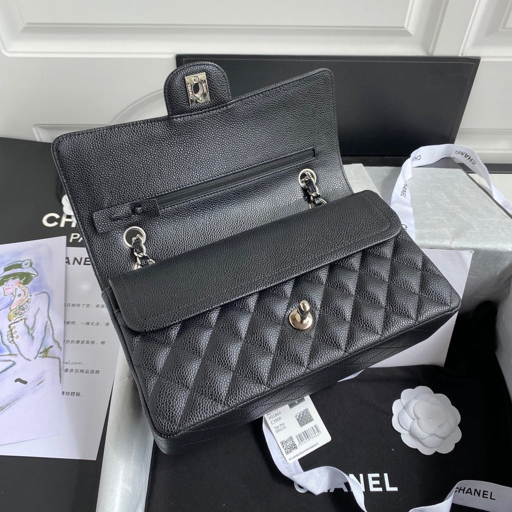 Chanel A01112 Classic Handbag Grained Calfskin Black Silver