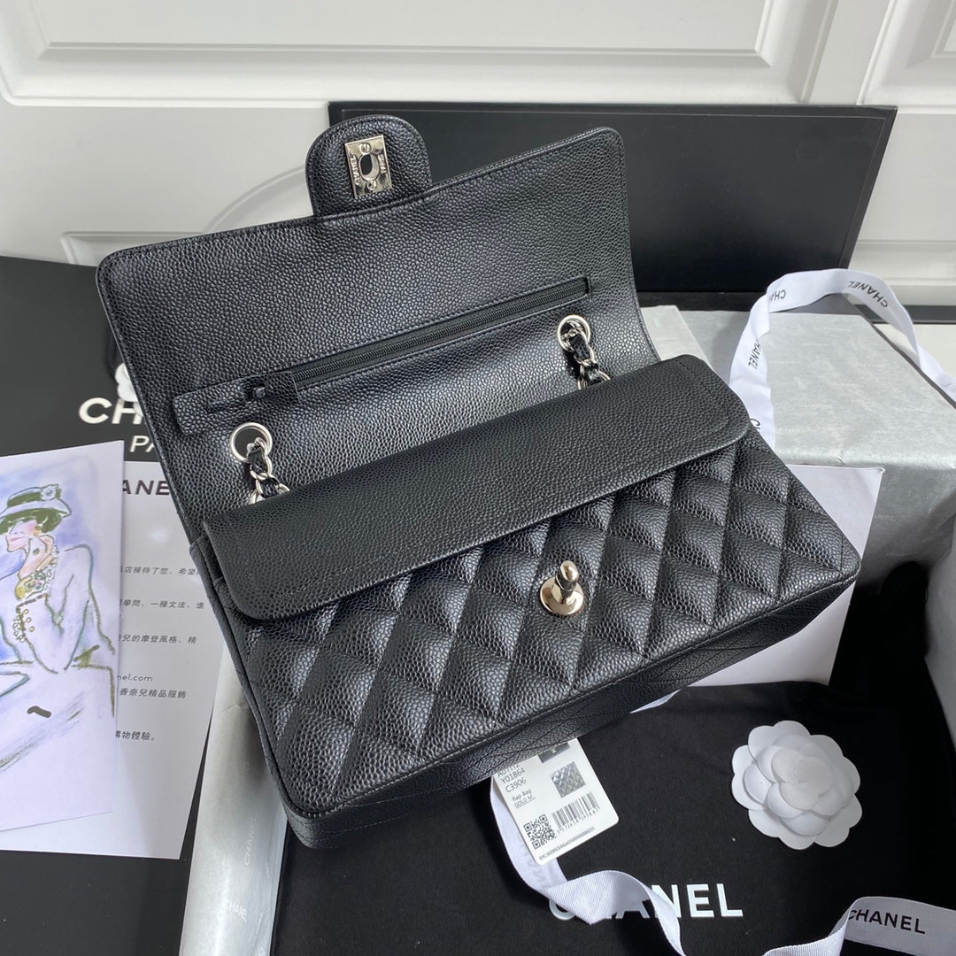 Chanel A01112 Classic Handbag Grained Calfskin Black Silver