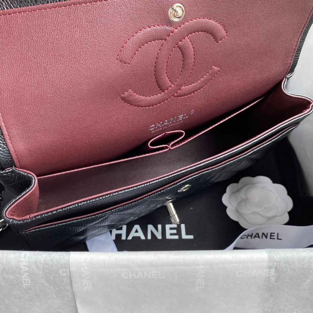 Chanel A01112 Classic Handbag Grained Calfskin Black Silver