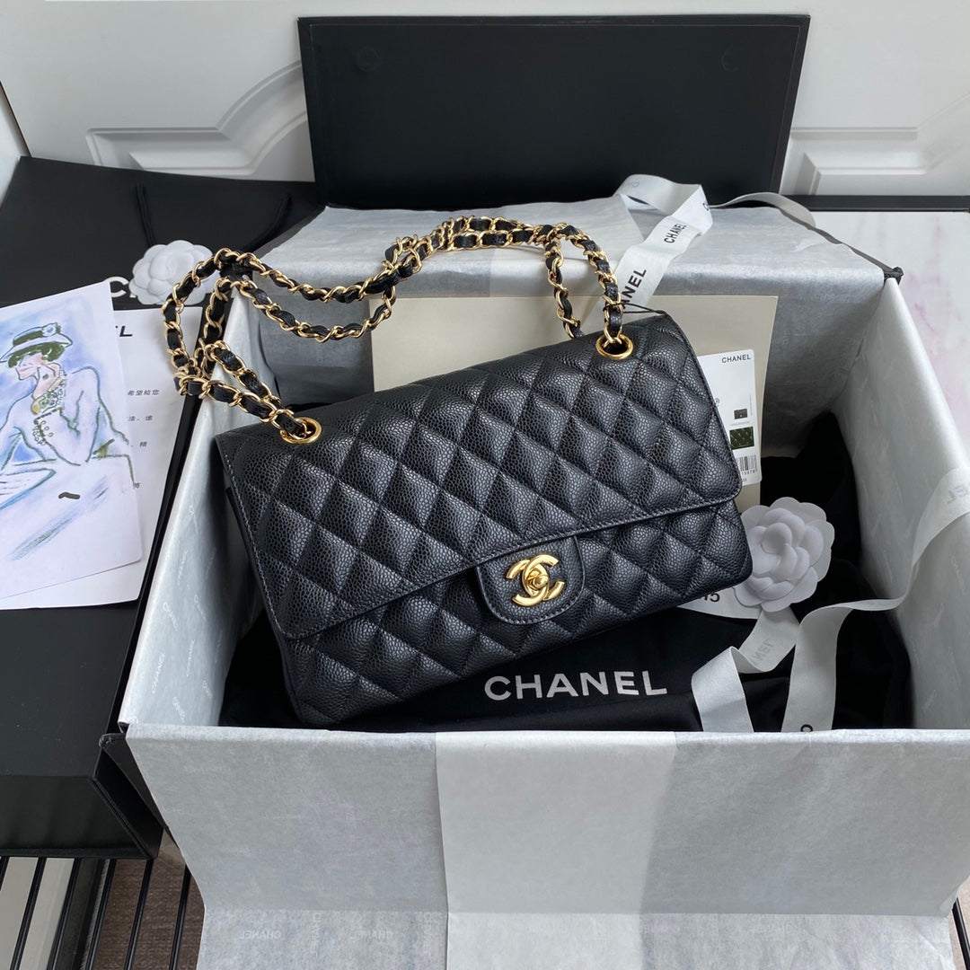 Chanel A01112 Classic Handbag Grained Calfskin Black Gold