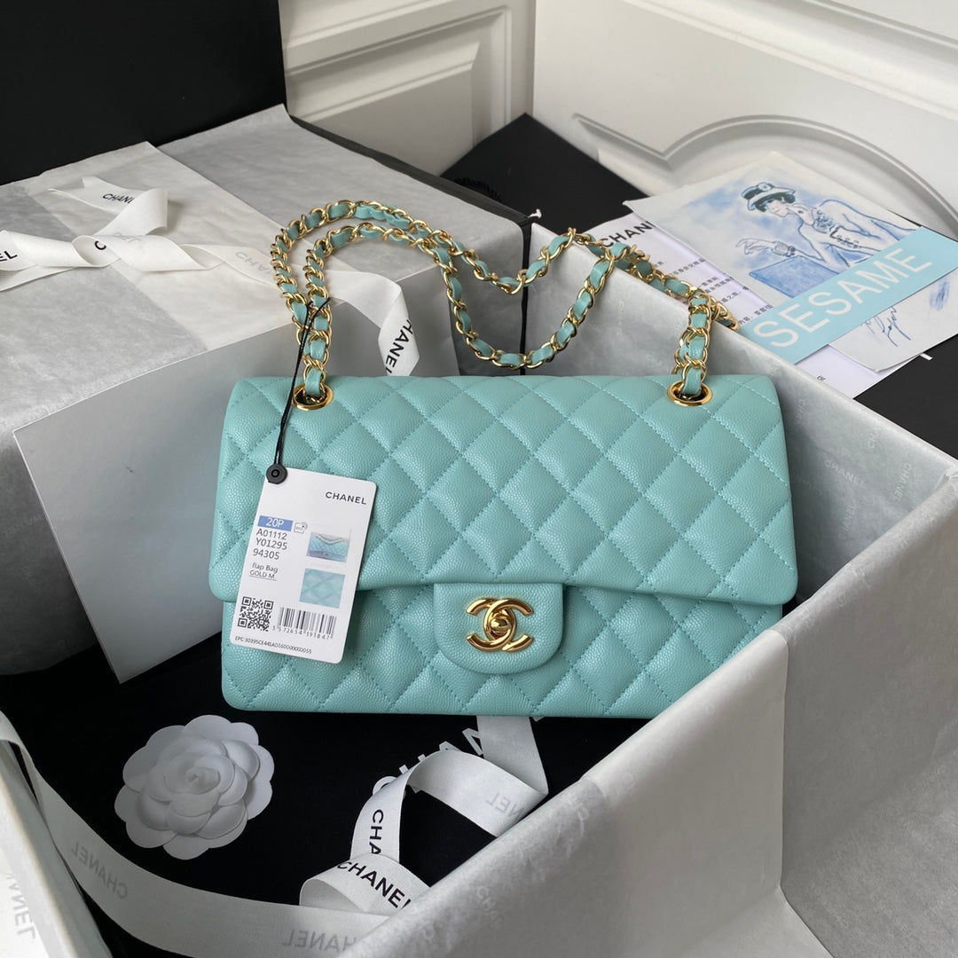 Chanel A01112 Classic Handbag Grained Calfskin Blue Gold