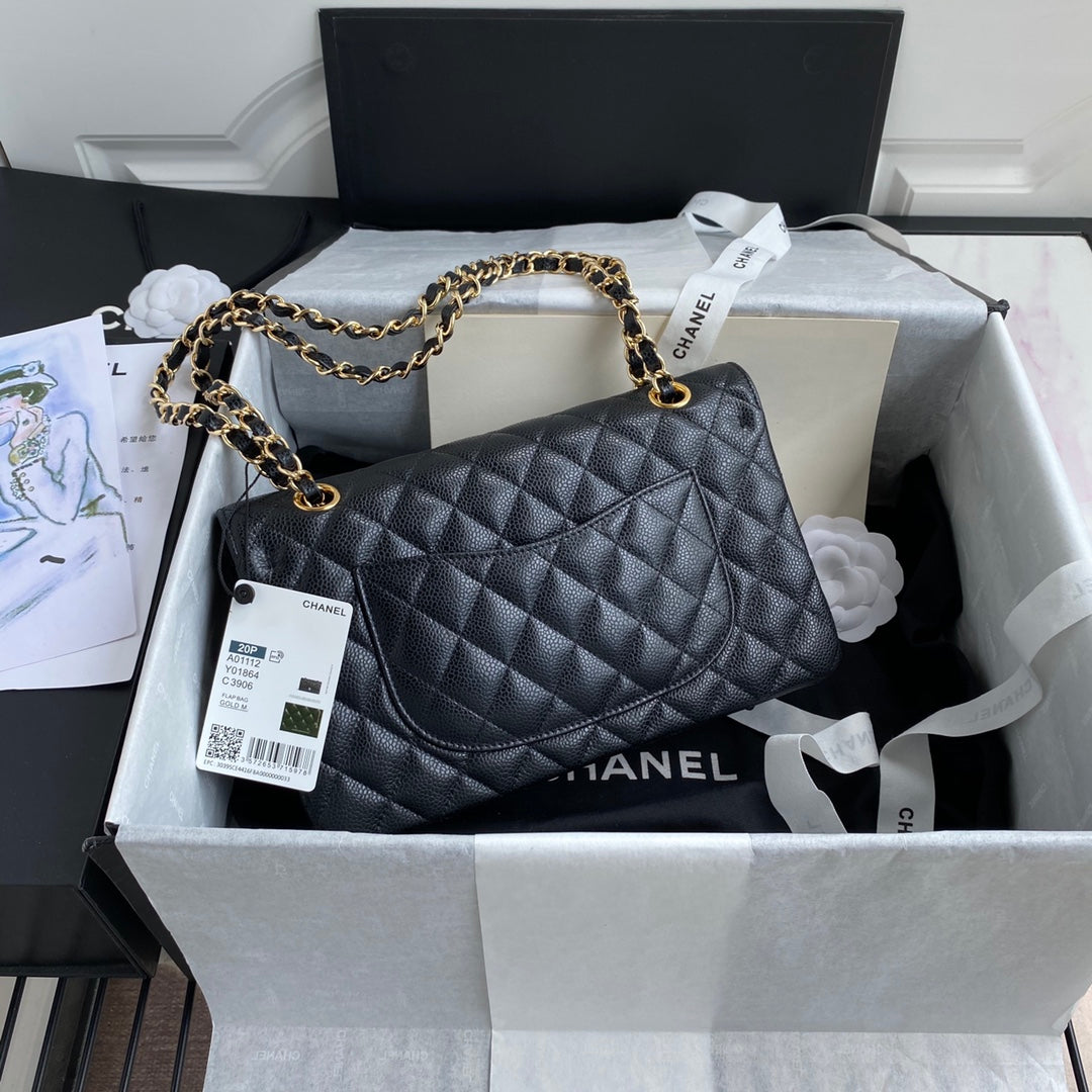 Chanel A01112 Classic Handbag Grained Calfskin Black Gold