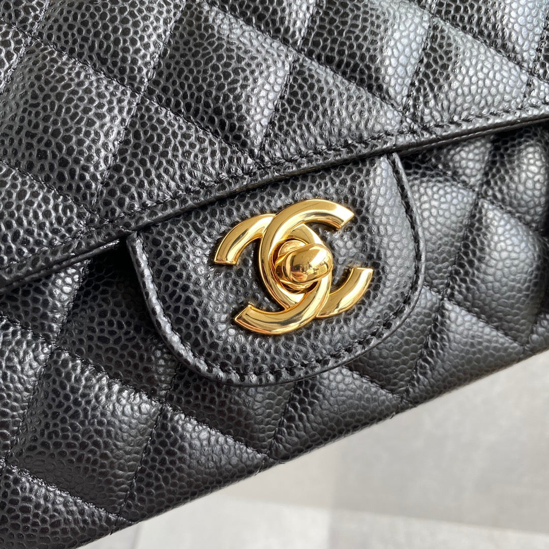 Chanel A01112 Classic Handbag Grained Calfskin Black Gold