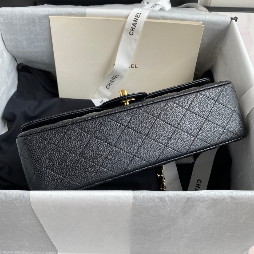 Chanel A01112 Classic Handbag Grained Calfskin Black Gold