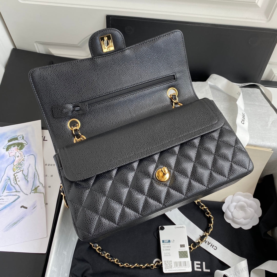 Chanel A01112 Classic Handbag Grained Calfskin Black Gold