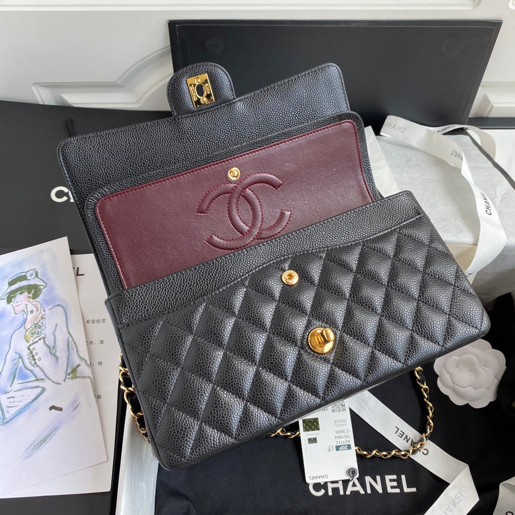 Chanel A01112 Classic Handbag Grained Calfskin Black Gold
