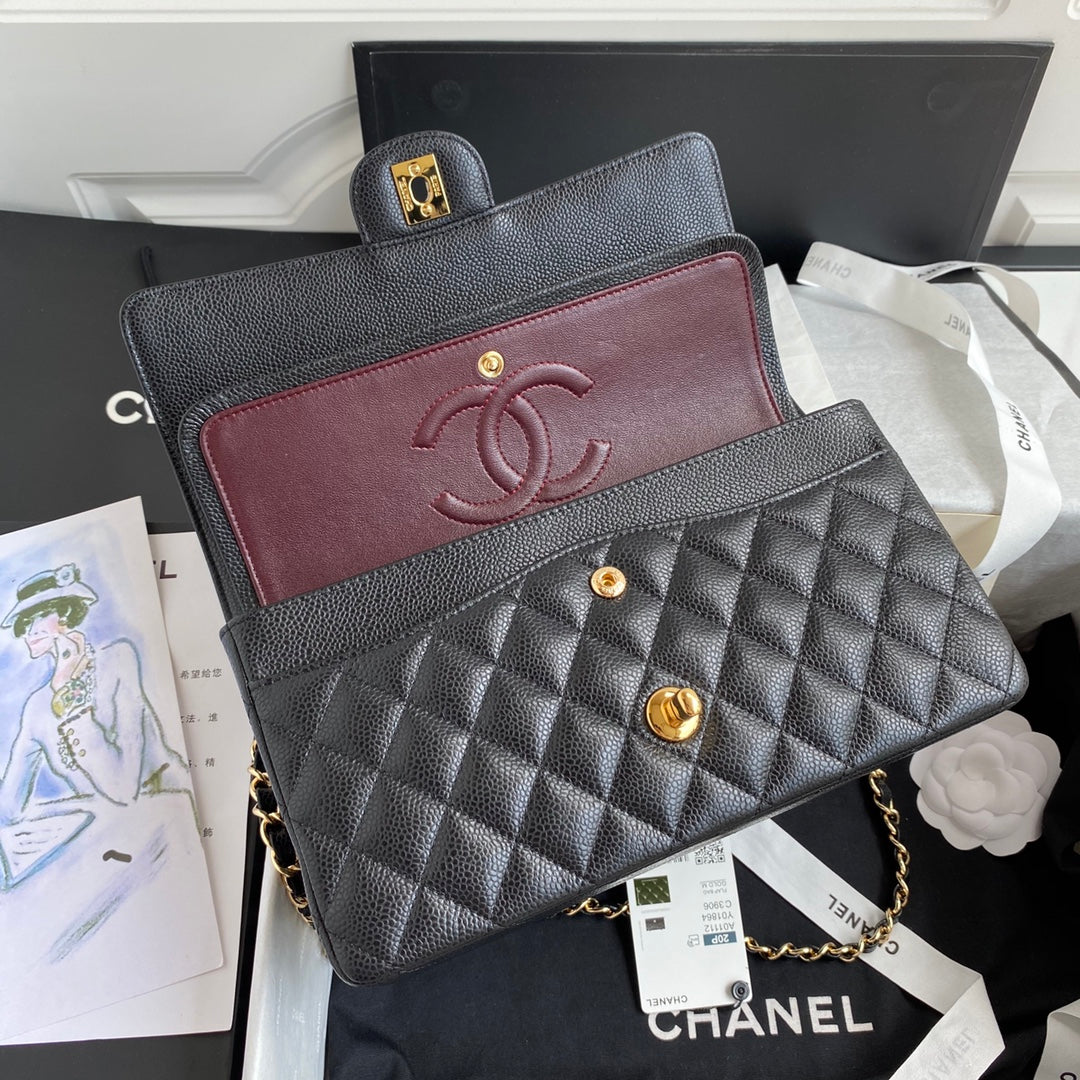 Chanel A01112 Classic Handbag Grained Calfskin Black Gold