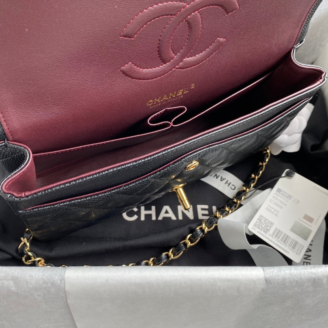 Chanel A01112 Classic Handbag Grained Calfskin Black Gold