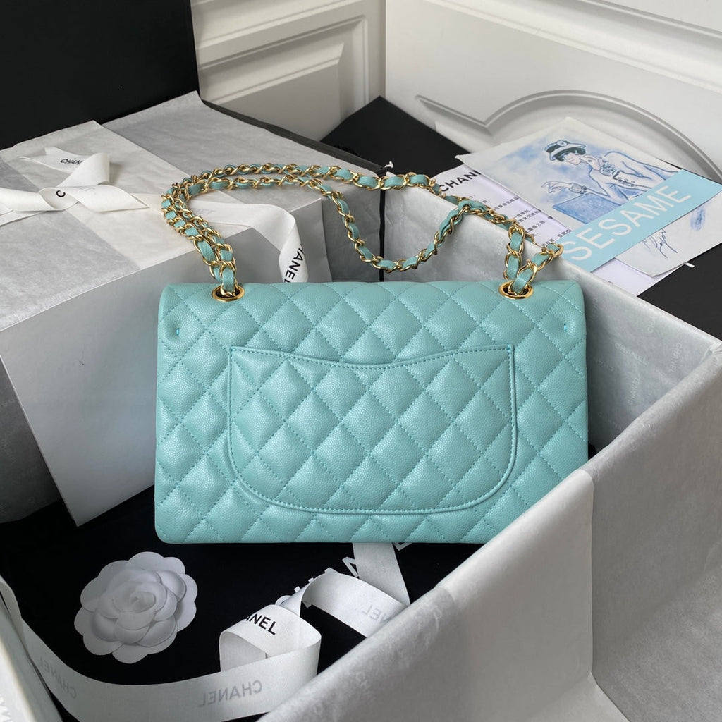 Chanel A01112 Classic Handbag Grained Calfskin Blue Gold