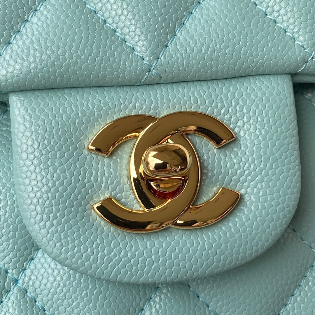 Chanel A01112 Classic Handbag Grained Calfskin Blue Gold