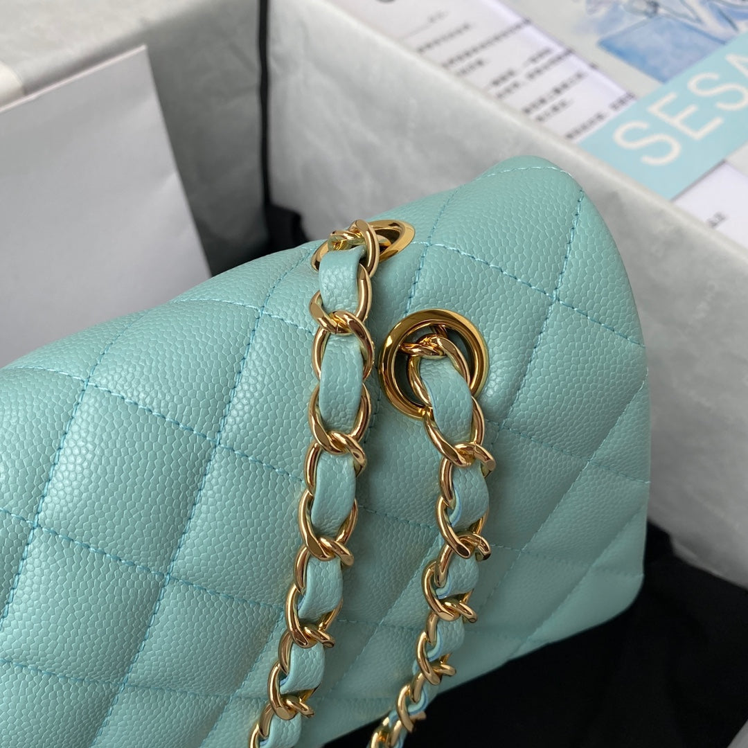 Chanel A01112 Classic Handbag Grained Calfskin Blue Gold