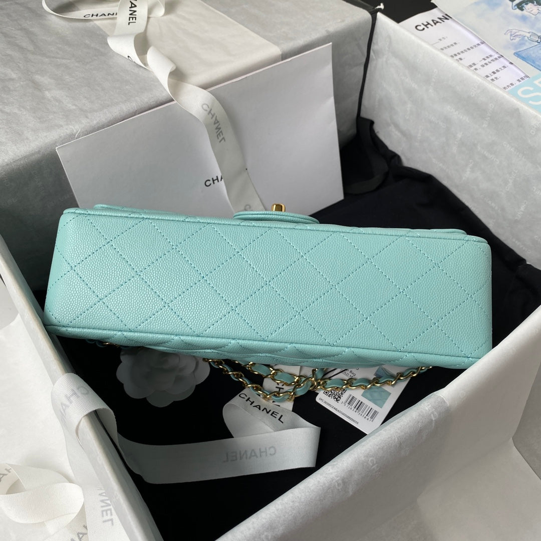 Chanel A01112 Classic Handbag Grained Calfskin Blue Gold