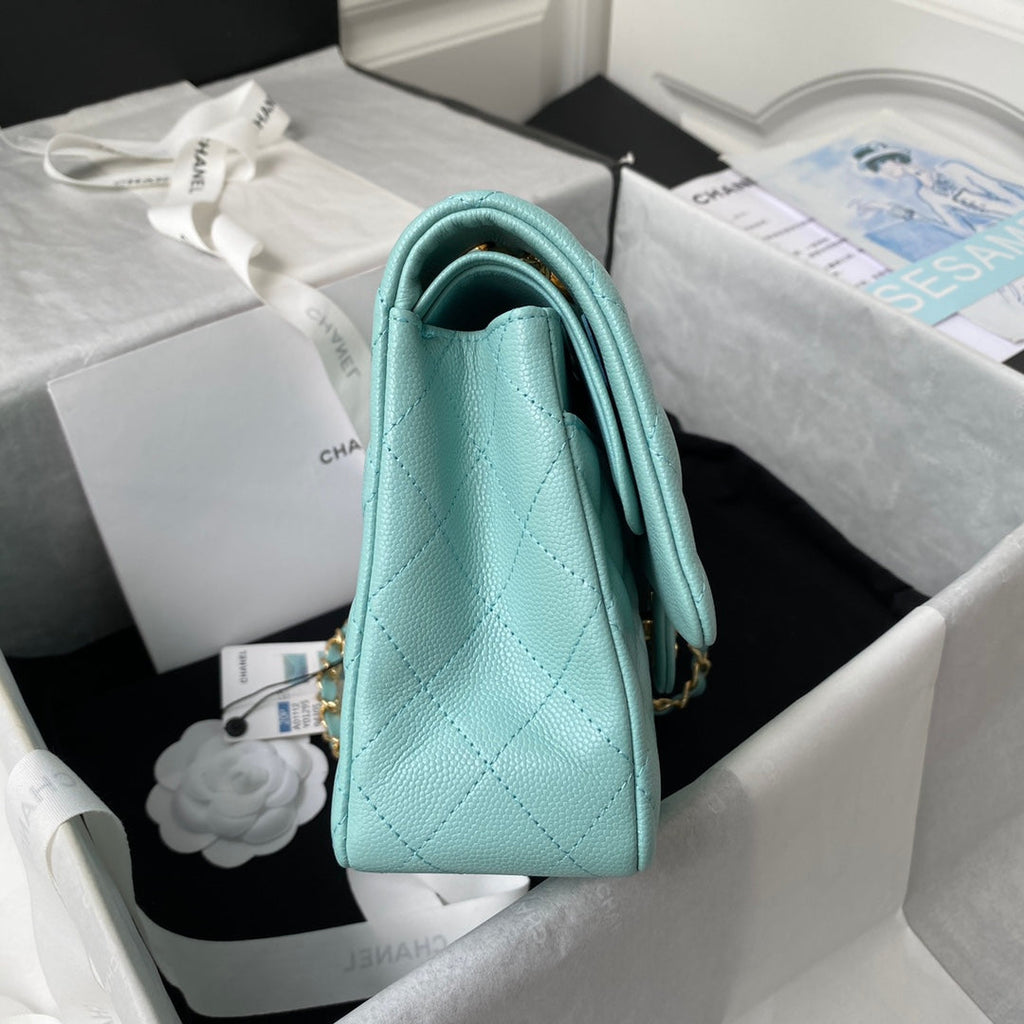 Chanel A01112 Classic Handbag Grained Calfskin Blue Gold