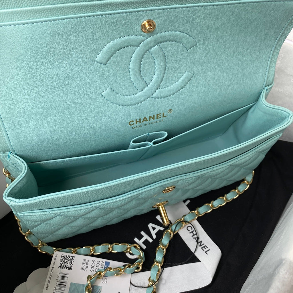 Chanel A01112 Classic Handbag Grained Calfskin Blue Gold