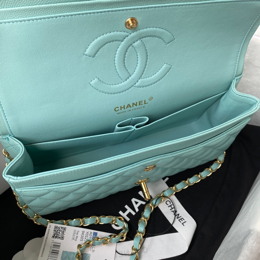 Chanel A01112 Classic Handbag Grained Calfskin Blue Gold