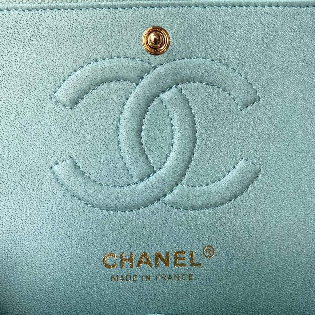Chanel A01112 Classic Handbag Grained Calfskin Blue Gold