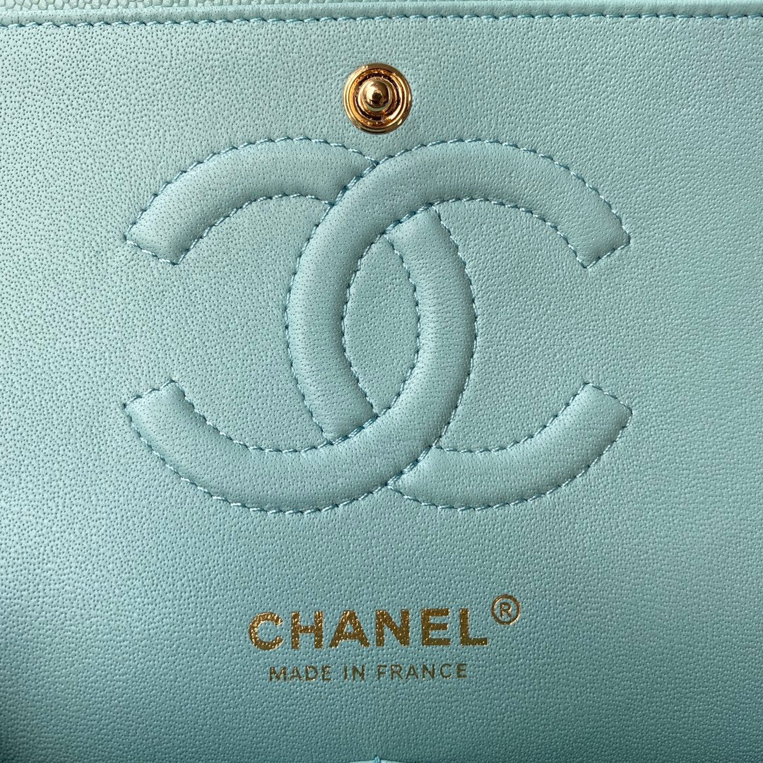 Chanel A01112 Classic Handbag Grained Calfskin Blue Gold