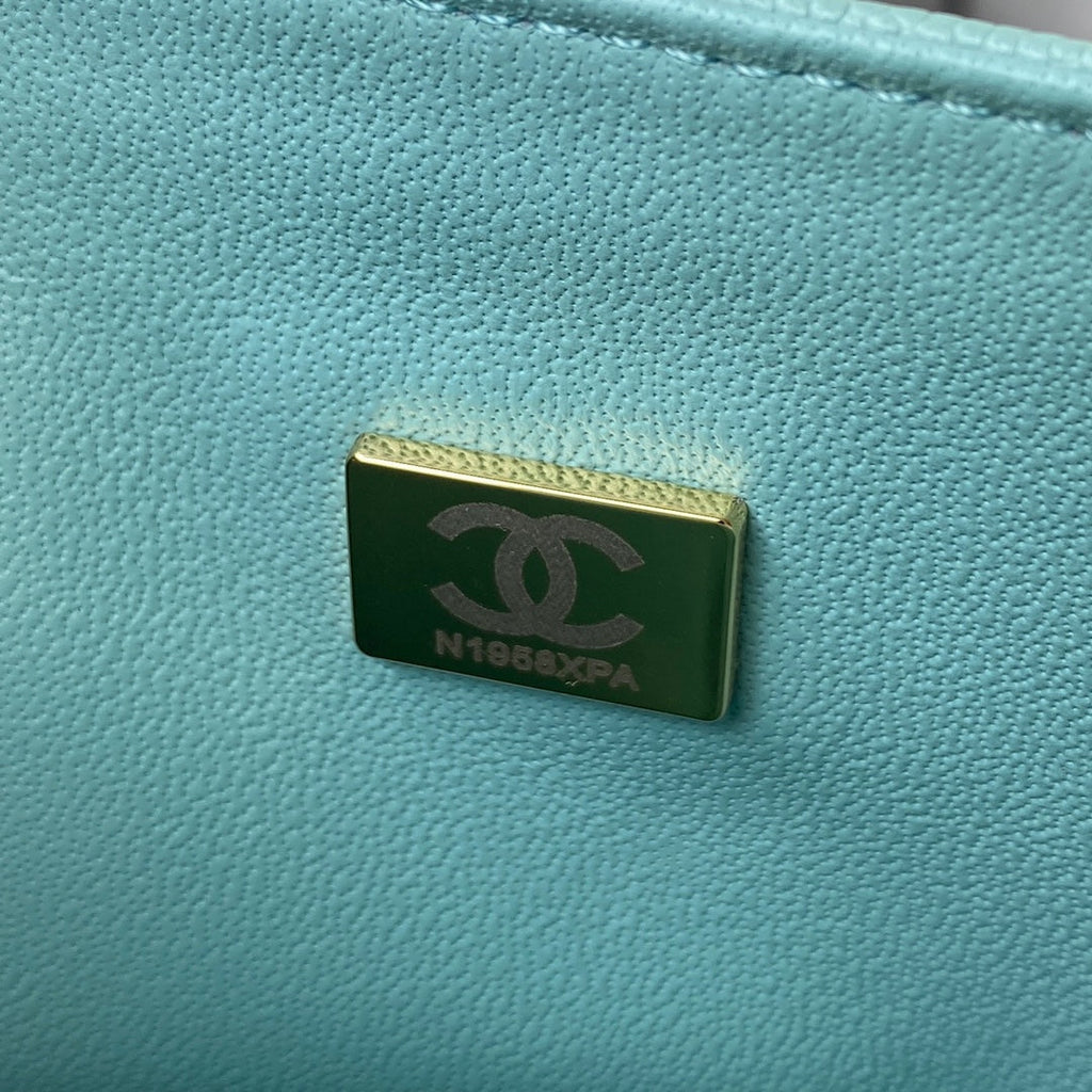 Chanel A01112 Classic Handbag Grained Calfskin Blue Gold