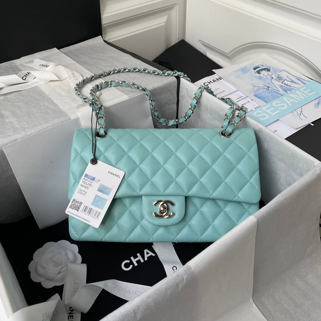 Chanel A01112 Classic Handbag Grained Calfskin Blue Silver