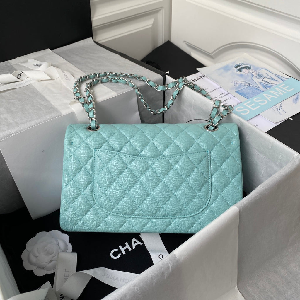 Chanel A01112 Classic Handbag Grained Calfskin Blue Silver