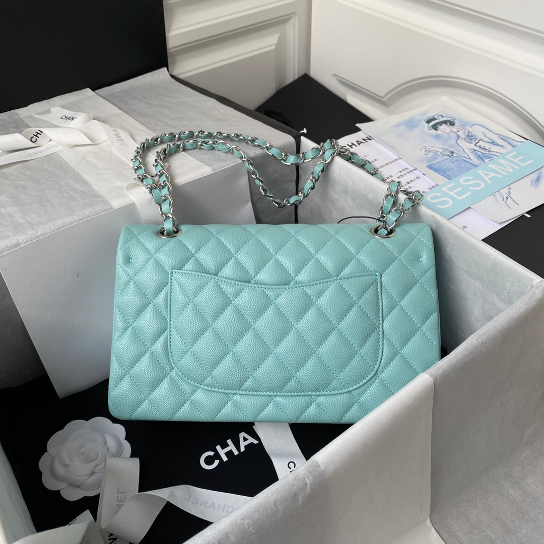 Chanel A01112 Classic Handbag Grained Calfskin Blue Silver