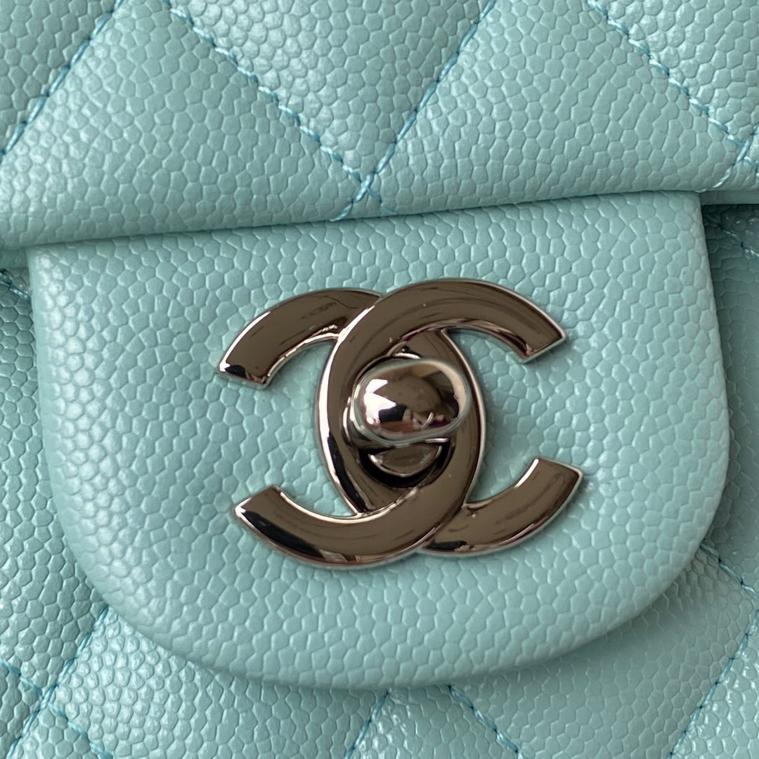 Chanel A01112 Classic Handbag Grained Calfskin Blue Silver