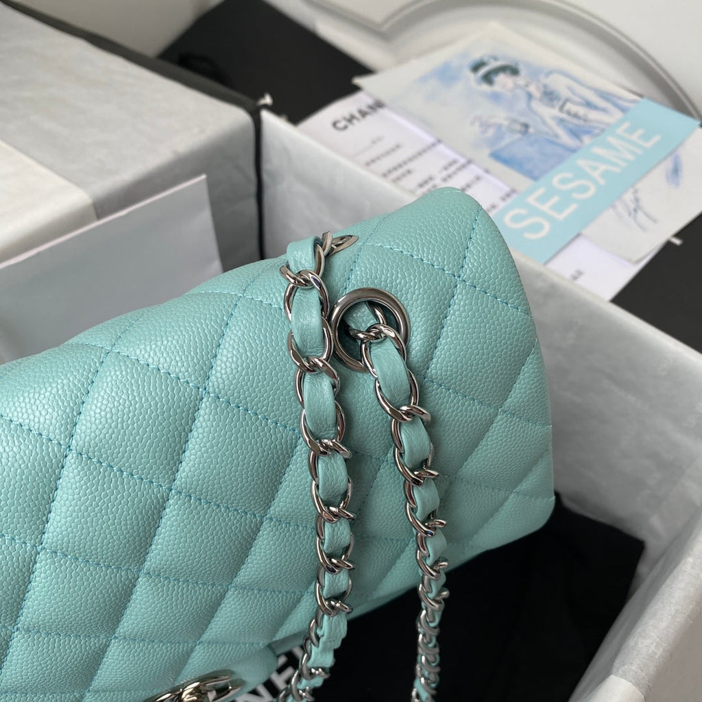 Chanel A01112 Classic Handbag Grained Calfskin Blue Silver