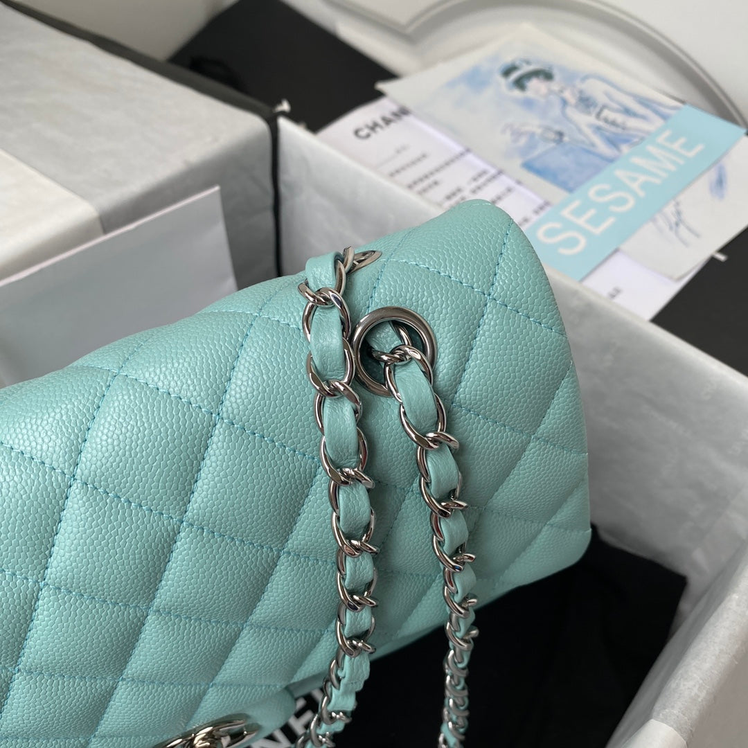 Chanel A01112 Classic Handbag Grained Calfskin Blue Silver