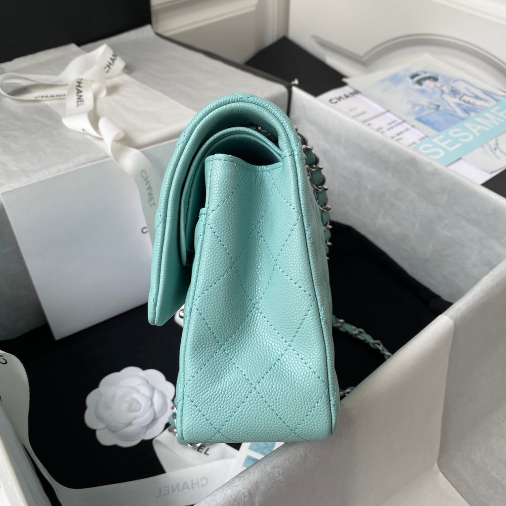 Chanel A01112 Classic Handbag Grained Calfskin Blue Silver