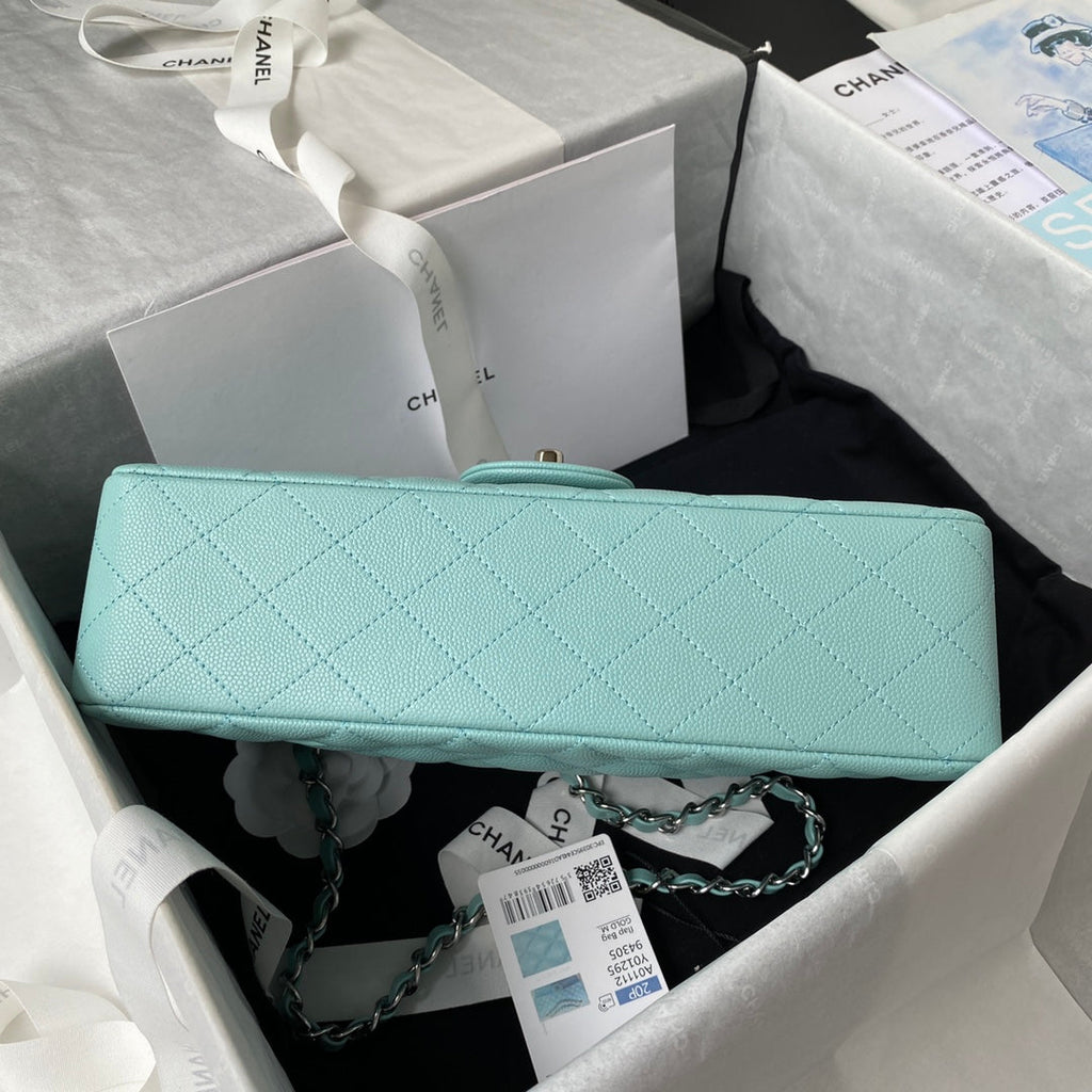 Chanel A01112 Classic Handbag Grained Calfskin Blue Silver