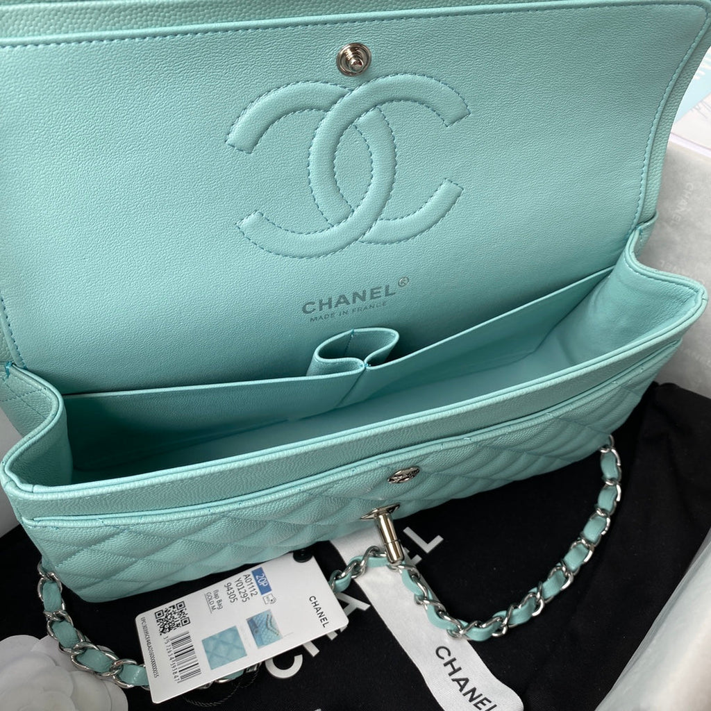 Chanel A01112 Classic Handbag Grained Calfskin Blue Silver