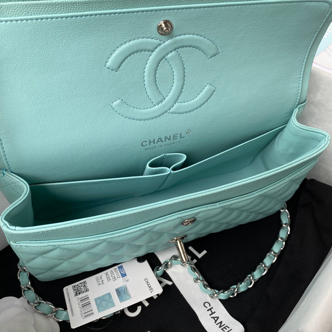 Chanel A01112 Classic Handbag Grained Calfskin Blue Silver