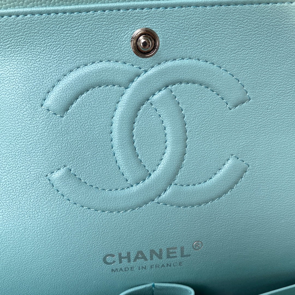 Chanel A01112 Classic Handbag Grained Calfskin Blue Silver