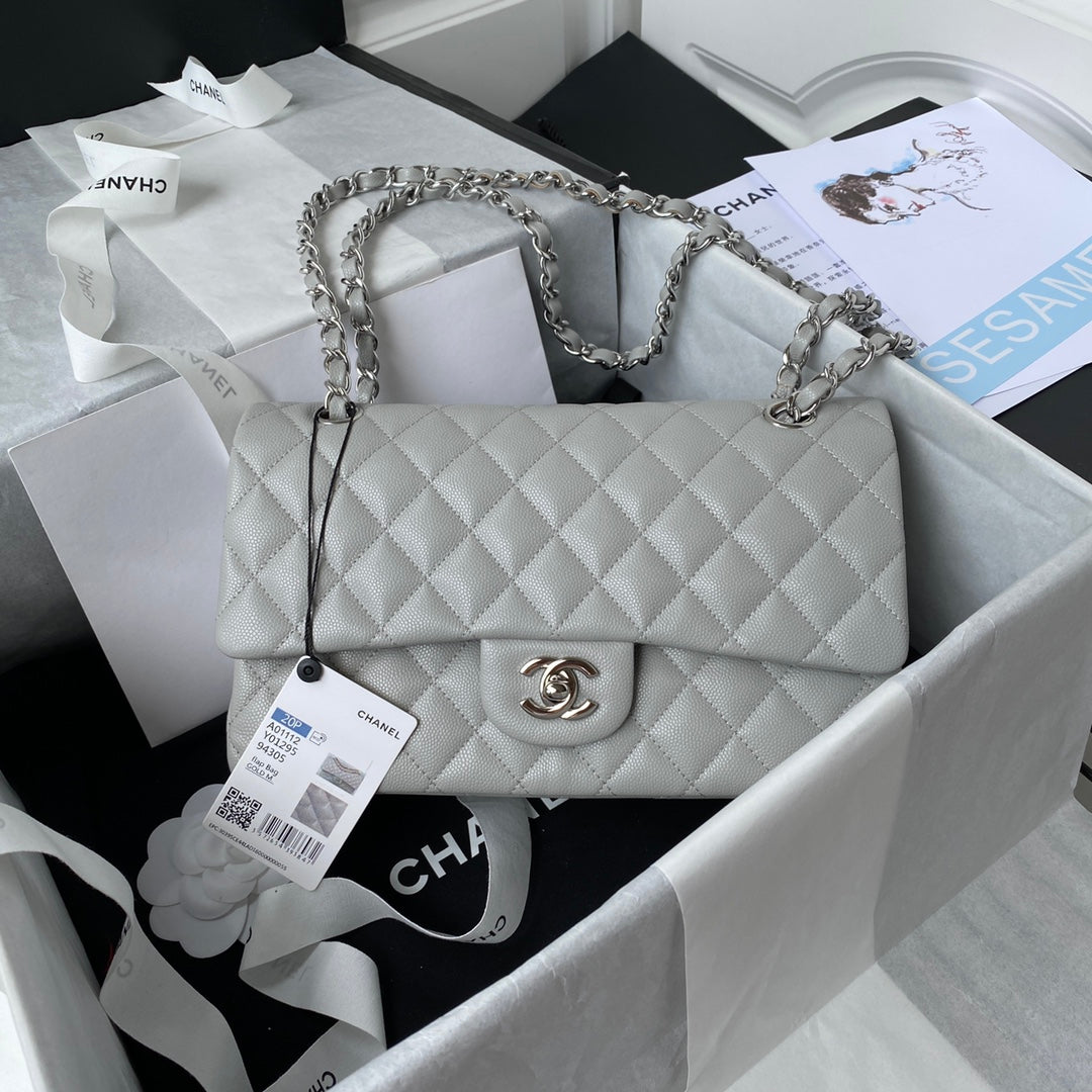 Chanel A01112 Classic Handbag Grained Calfskin Gray Silver