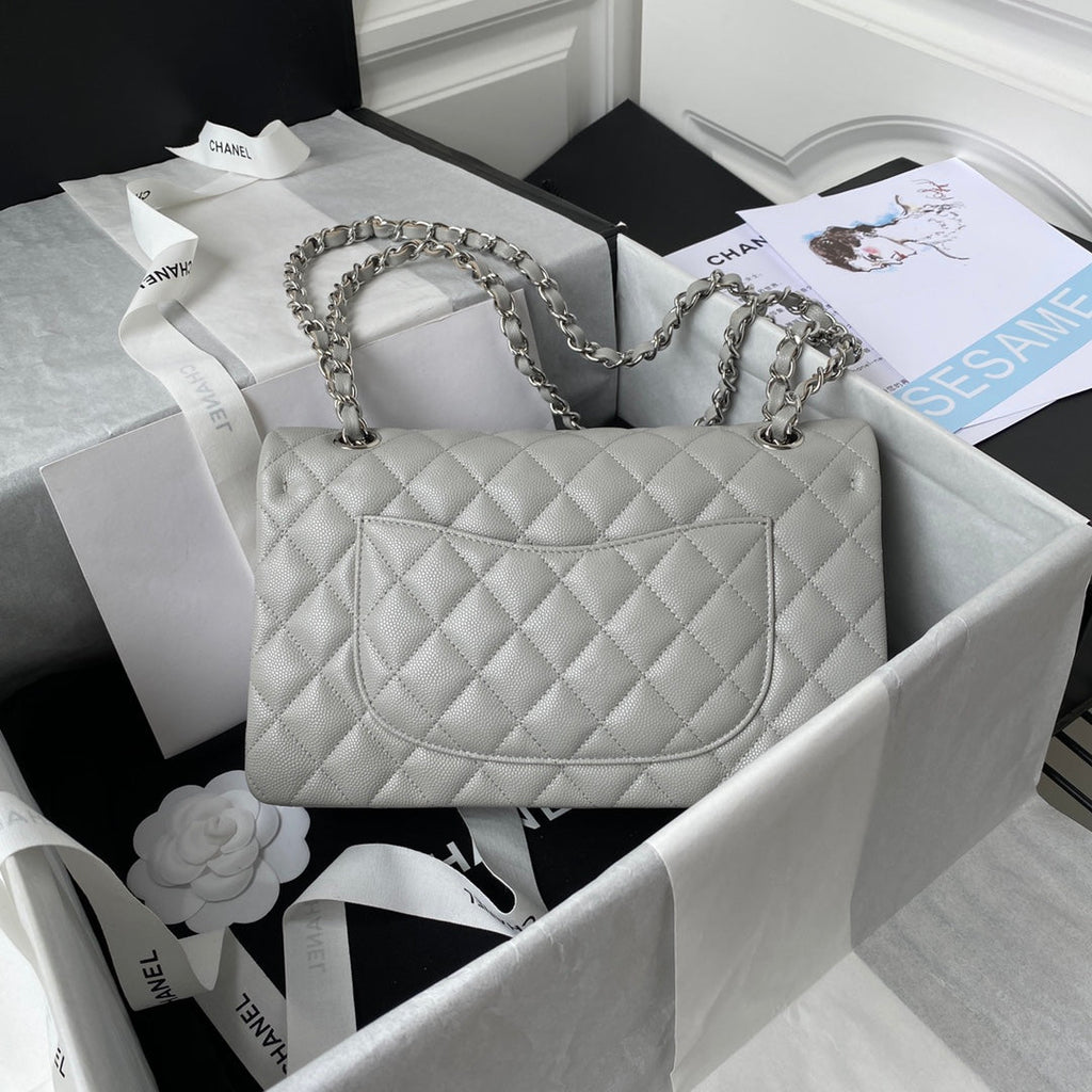 Chanel A01112 Classic Handbag Grained Calfskin Gray Silver
