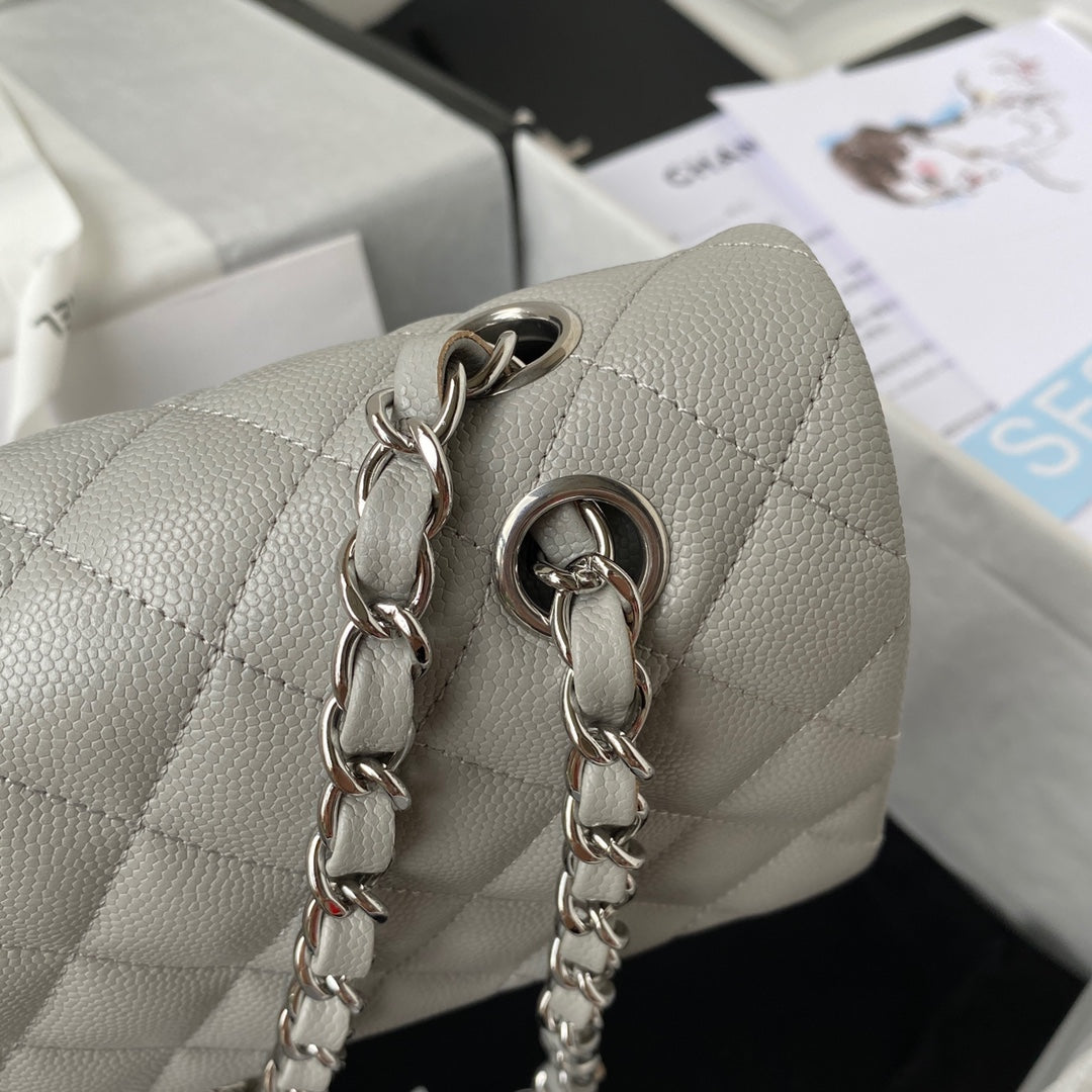 Chanel A01112 Classic Handbag Grained Calfskin Gray Silver