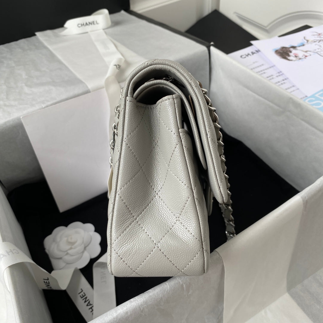 Chanel A01112 Classic Handbag Grained Calfskin Gray Silver