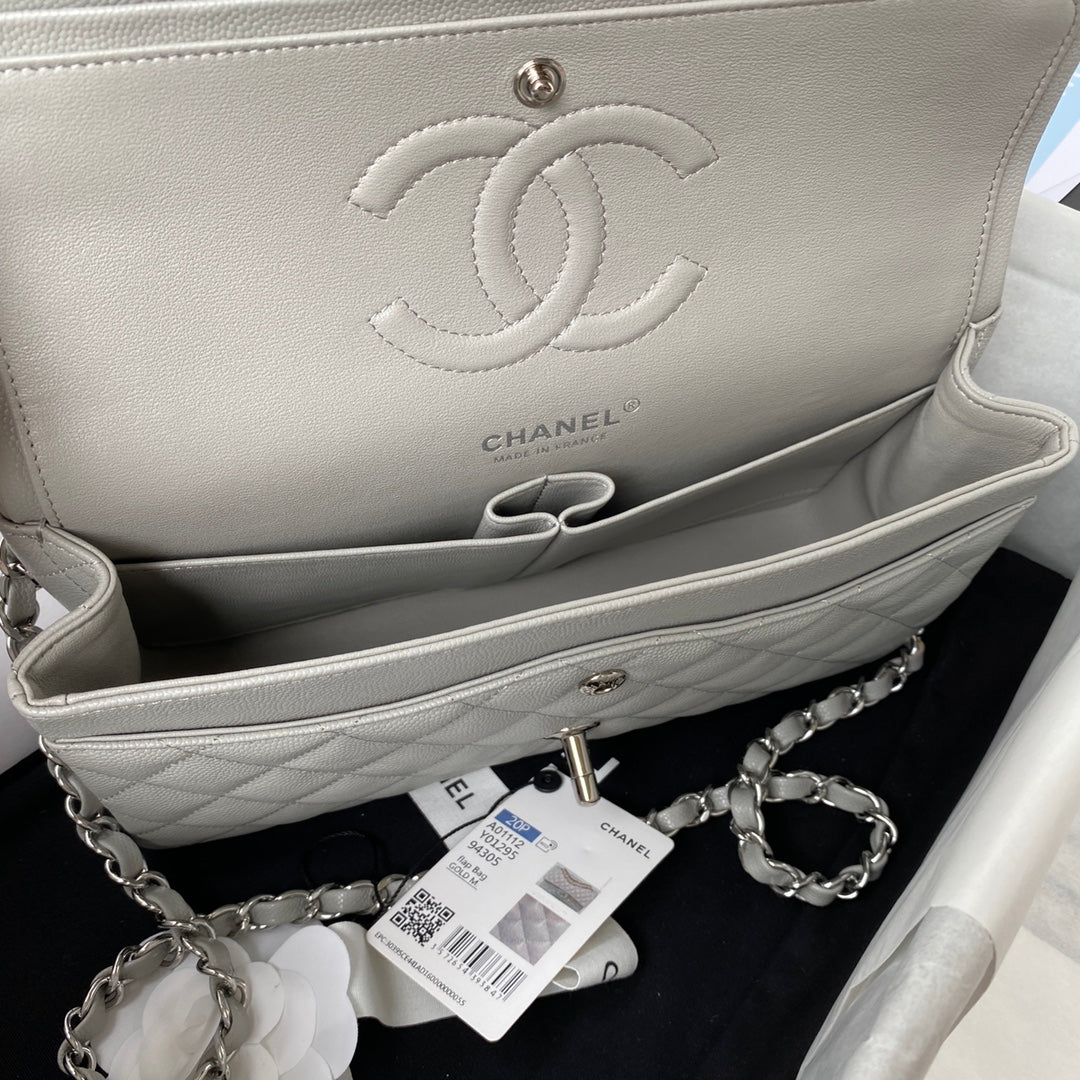 Chanel A01112 Classic Handbag Grained Calfskin Gray Silver