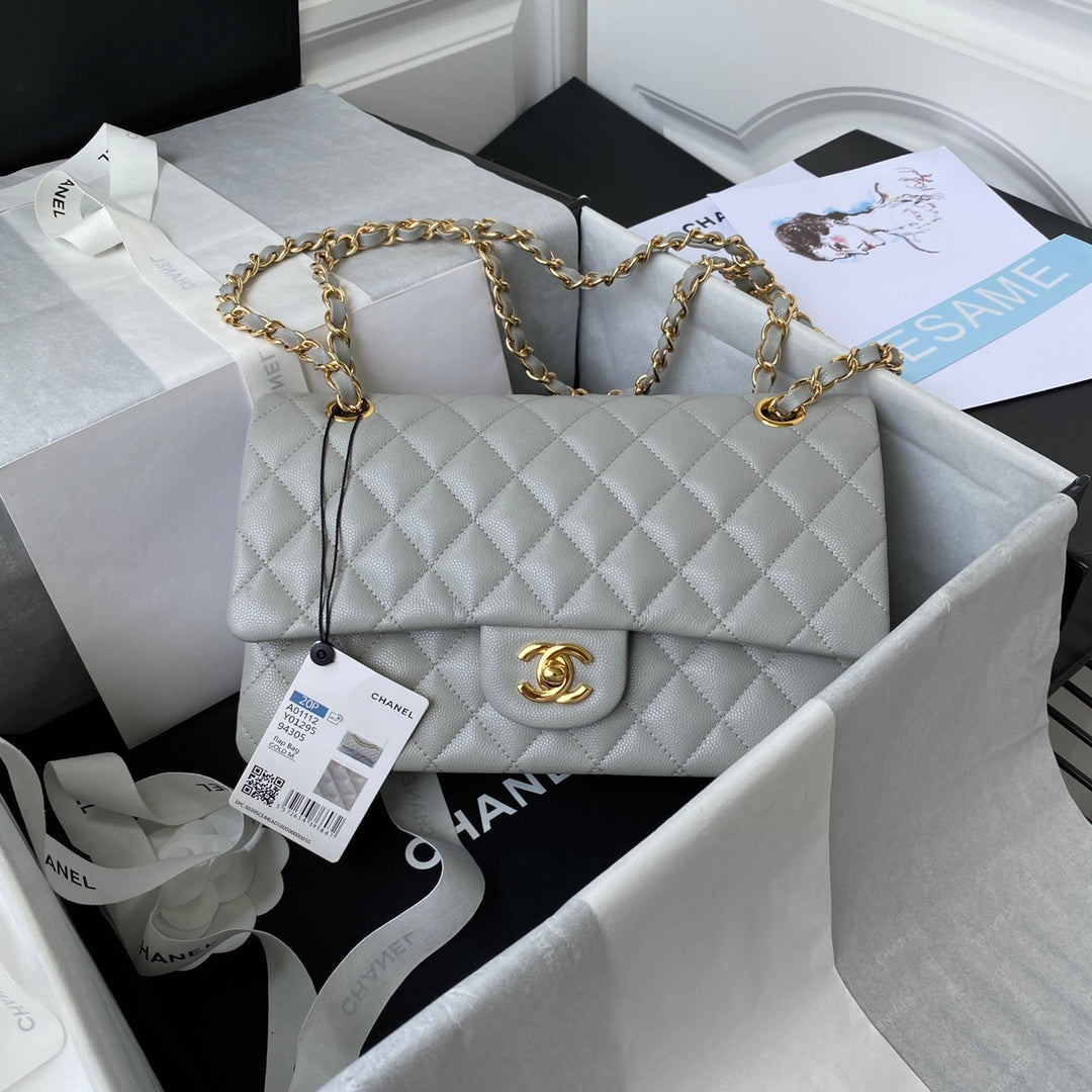 Chanel A01112 Classic Handbag Grained Calfskin Gray Gold