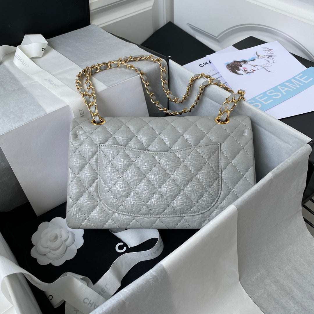 Chanel A01112 Classic Handbag Grained Calfskin Gray Gold