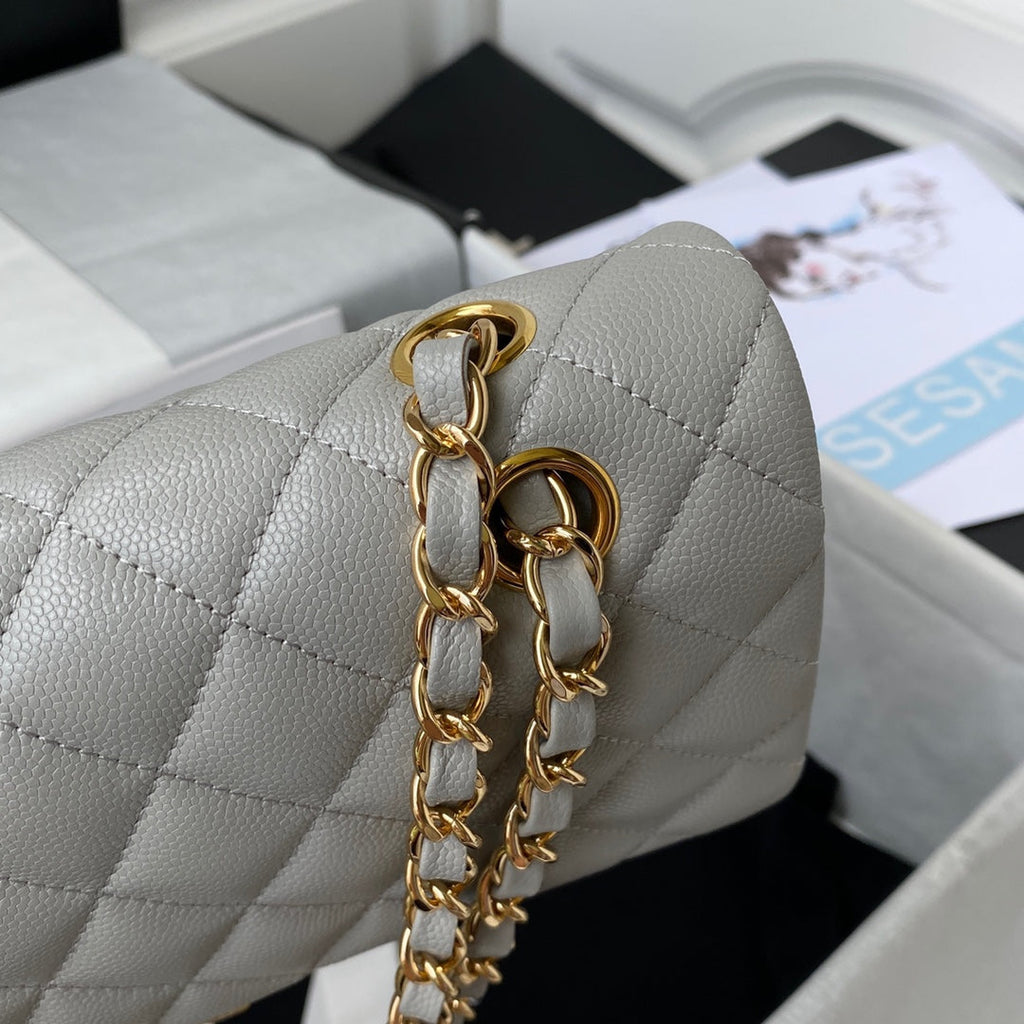 Chanel A01112 Classic Handbag Grained Calfskin Gray Gold