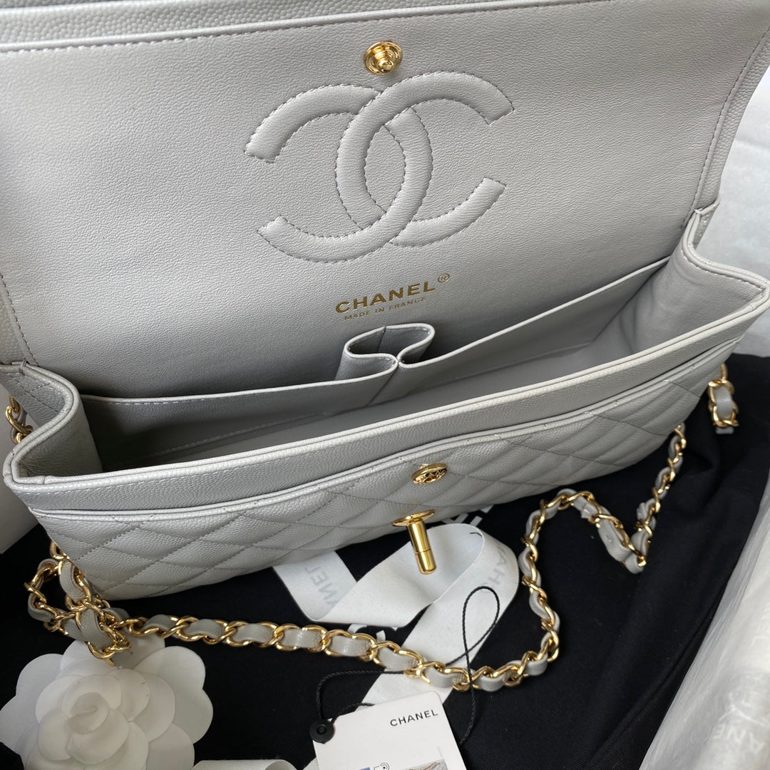 Chanel A01112 Classic Handbag Grained Calfskin Gray Gold