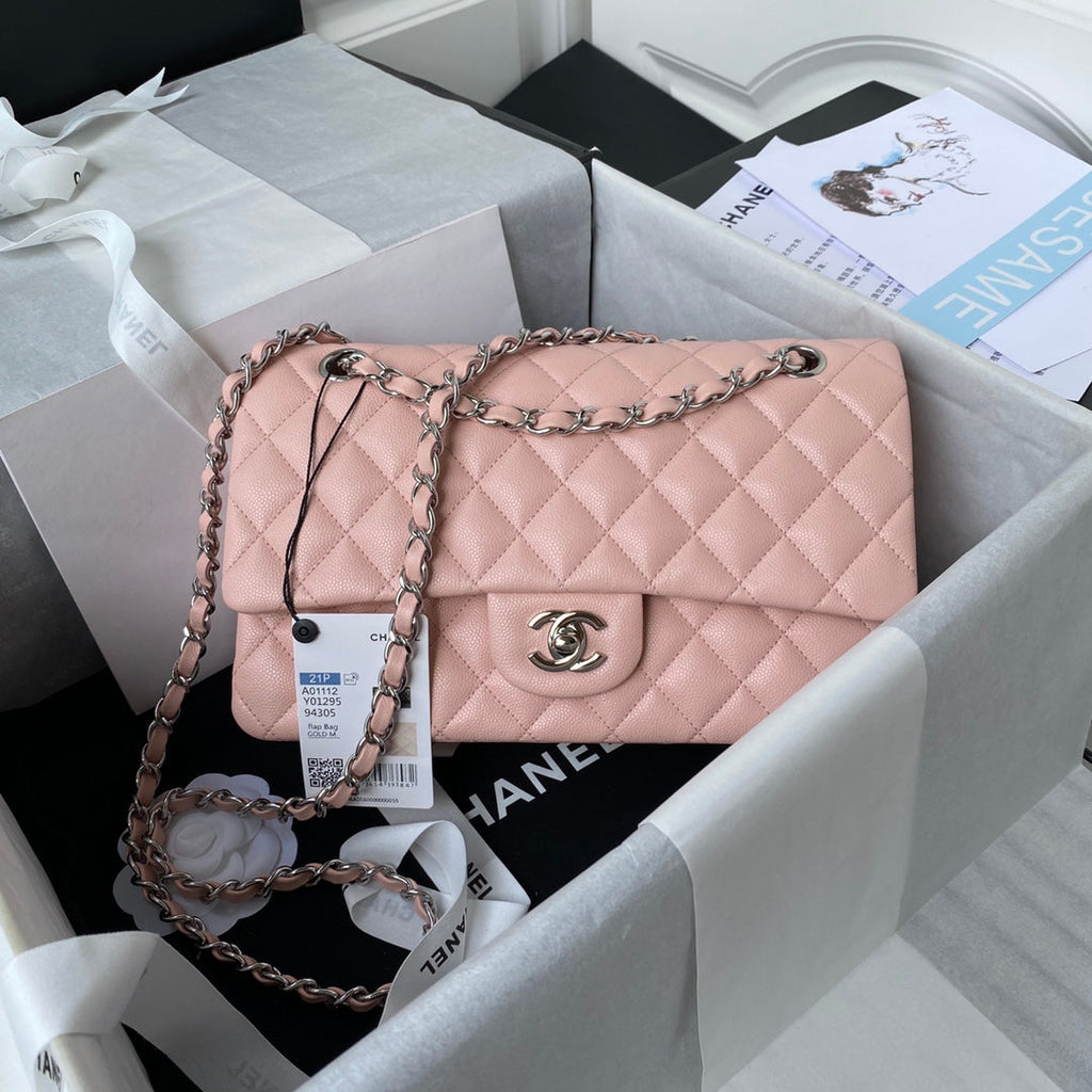 Chanel A01112 Classic Handbag Grained Calfskin Pink Silver