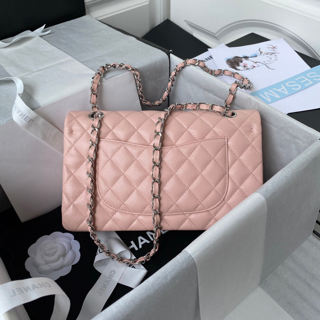 Chanel A01112 Classic Handbag Grained Calfskin Pink Silver