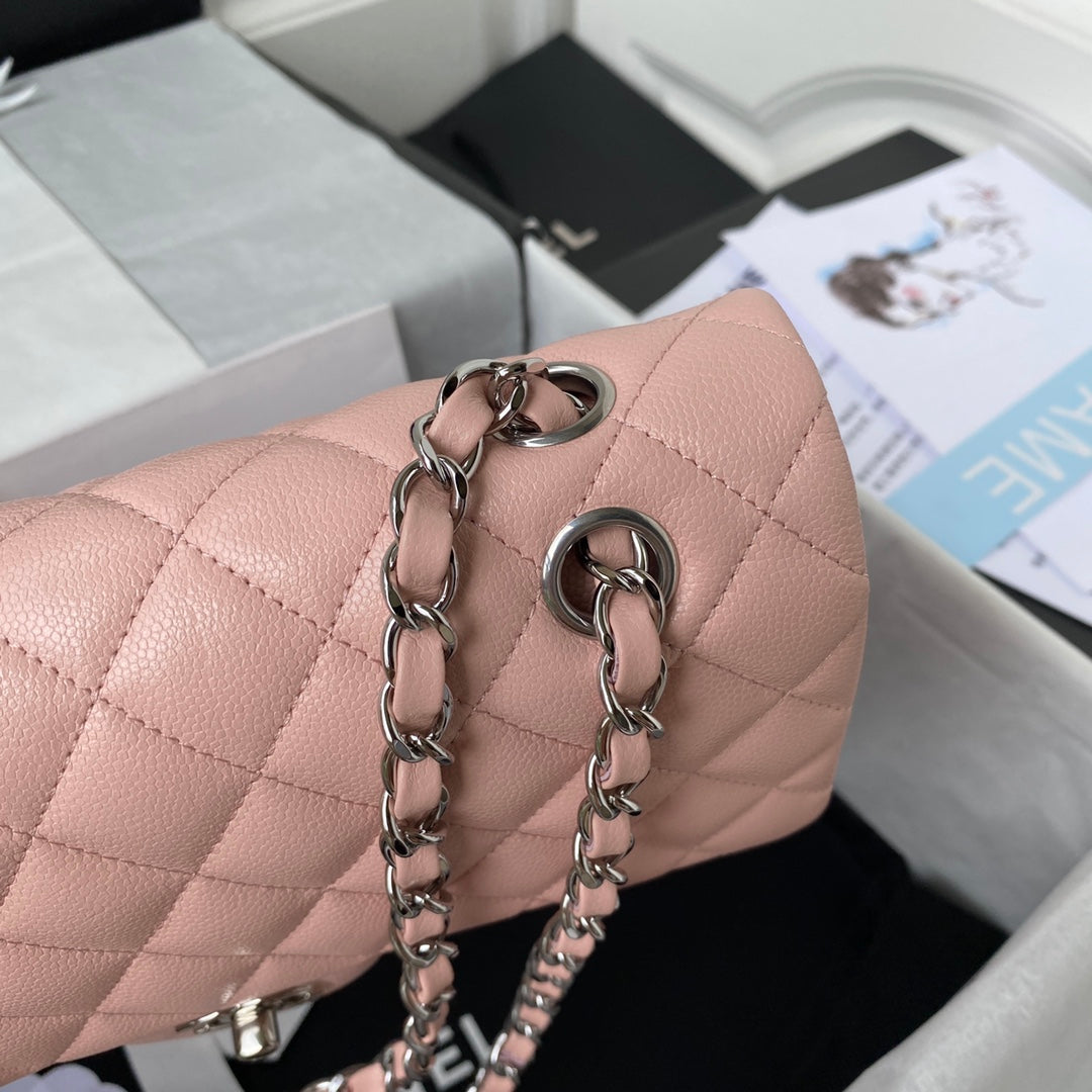 Chanel A01112 Classic Handbag Grained Calfskin Pink Silver