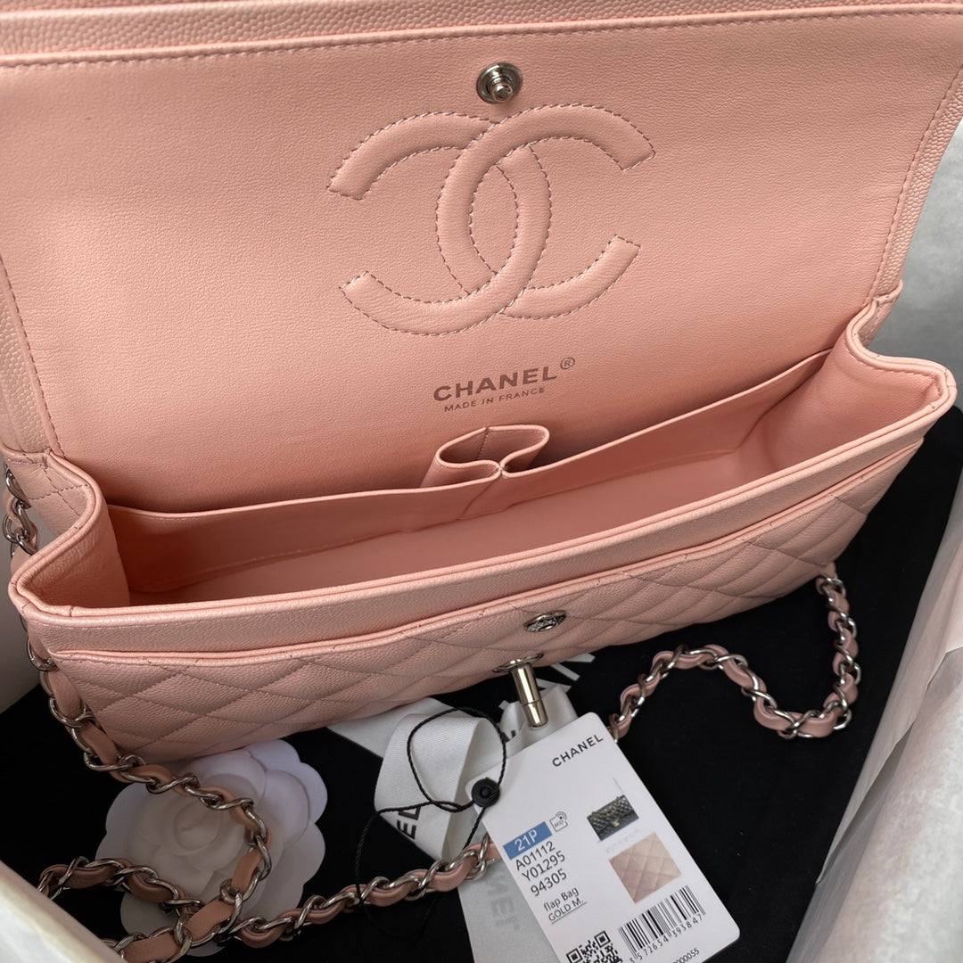 Chanel A01112 Classic Handbag Grained Calfskin Pink Silver
